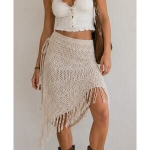 The Open Product Wool Crochet Wrap Skirt One Size Tan Boho Beach Indie Coastal